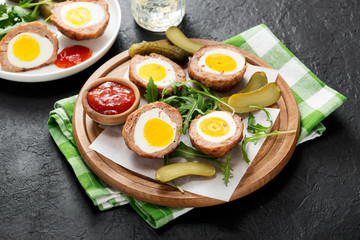 Meatballs with minced meat stuffed with boiled egg. 