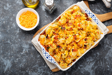 Pasta casserole with cheddar cheese and bacon.