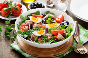 Tuna Fish Salad with Lettuce, Cherry Tomatoes, egg and olives.