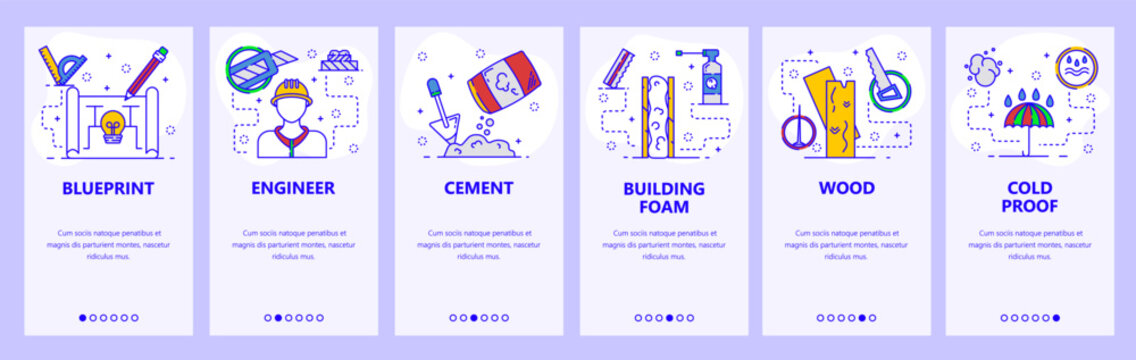 Mobile app onboarding screens. Construction industry business, engineer, tools, building plan. Menu vector banner template for website and mobile development. Web site design flat illustration