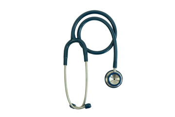 Blue, stainless steel medical stethoscope.  Medical stethoscope isolated white background.