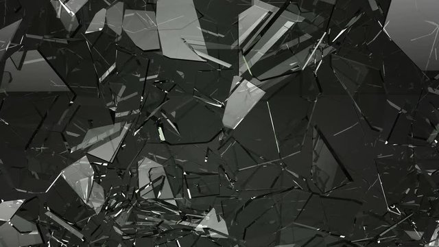 Pieces of destructed Shattered glass in slow motion. Alpha matte