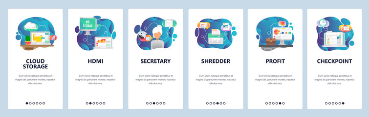 Mobile app onboarding screens. Business and finance management, cloud storage, personal assistant, shredder. Menu vector banner template for website and mobile development. Web site flat illustration