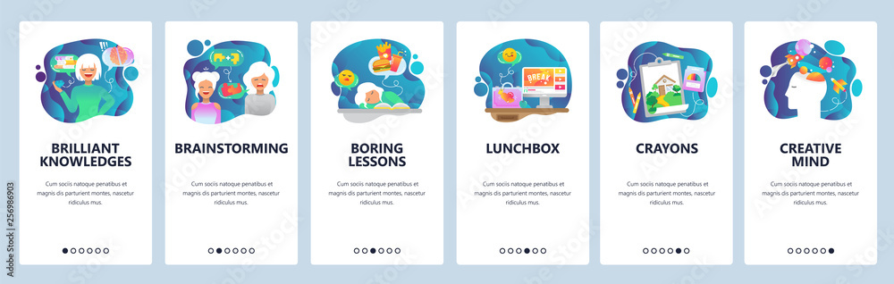 Wall mural mobile app onboarding screens. creativity, brainstorm, knowledge and education, boring lessons. menu