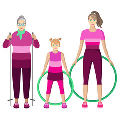 vector isolated sportive grandmother, mother and daughter in bright uniform on white background.illustration with woman and .old lady with nordic walking poles.