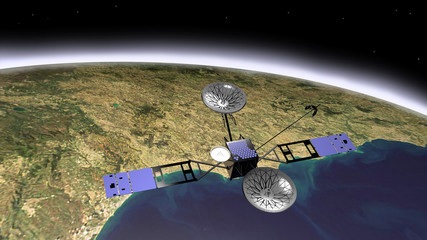 Satellite TDRS (Tracking and Data Relay Satellite) utilizzato dalla NASA per comunicare con altri satelliti e con la Stazione Spaziale Internazionale, 3D rendering