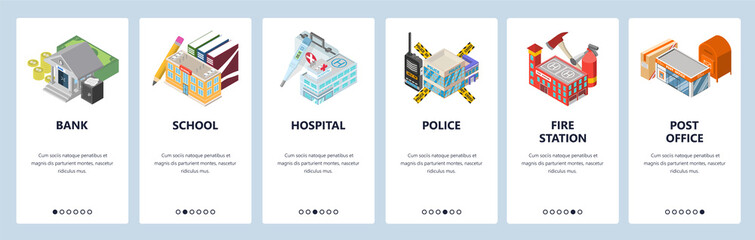 Mobile app onboarding screens. City buildings, bank, police, hospital, school, fire station. Menu vector banner template for website and mobile development. Web site design flat illustration