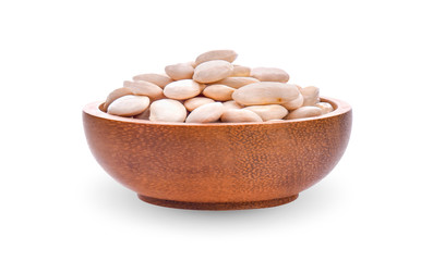 White beans in a wooden bowl on white background.
