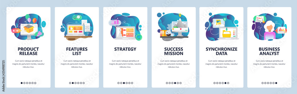 Wall mural mobile app onboarding screens. business strategy, new product release, data sync. menu vector banner