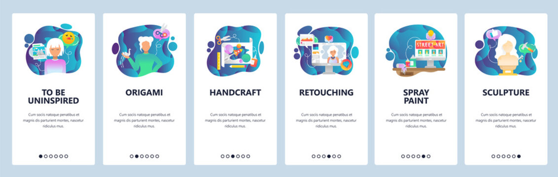 Mobile app onboarding screens. Digital and traditional art, photo retouch, origami and handcraft. Menu vector banner template for website and mobile development. Web site design flat illustration
