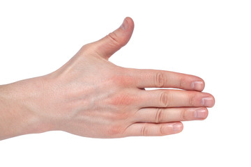 Man's hand who is willing to make a deal isolated on white