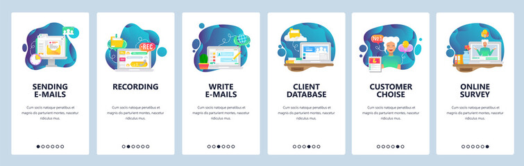 Mobile app onboarding screens. Digital online assistant, email, call recording, customer support and reviews. Vector banner template for website and mobile development. Web site design illustration