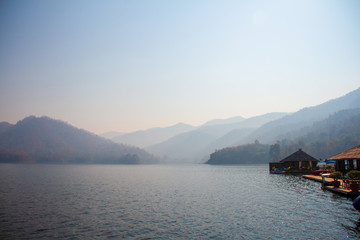The mountain view on the lake with floating home stay for natural background to relaxing time or time of freedom.