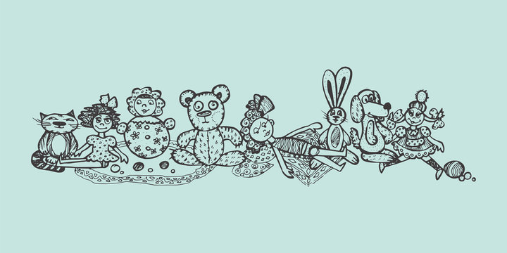 children's toys. dolls, teddy bear, hare, dog, cat. Hand-drawn vector illustration for children's book, postcard.