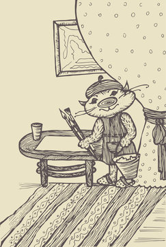 cat artist character. Hand-drawn graphic vector illustration in retro style for children's book, cover, postcard