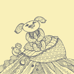 Little cute puppy character in the room desks. Hand-drawn graphic vector illustration for children's book.