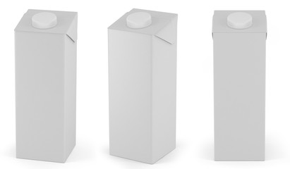 3D packaging. Retail package mockup set of juice or milk boxes. Isolated on white