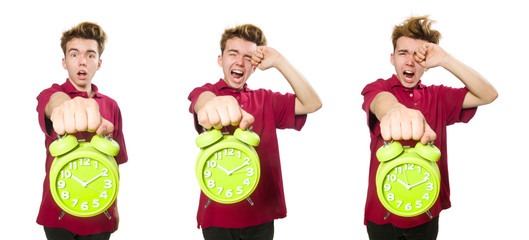 Student holding alarm clock isolated on white