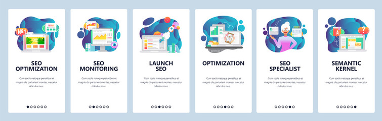 Mobile app onboarding screens. Digital marketing and SEO optimization, traffic analytics. Menu vector banner template for website and mobile development. Web site design flat illustration