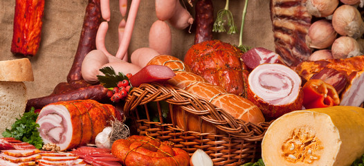 Various types of meat, smoked meat, sausages, ham and other