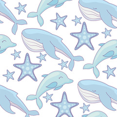 Naklejka premium pattern of cute dolphin with whale and starfish