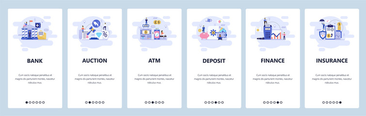Mobile app onboarding screens. Banking and financial services, auction, atm, deposit saving account, insurance. Vector banner template for website and mobile development. Web site flat illustration