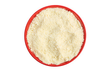 Bowl with grated parmesan on white. Top view.