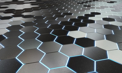 Fototapeta premium Glowing black and blue hexagons background pattern on silver metal surface 3D rendering