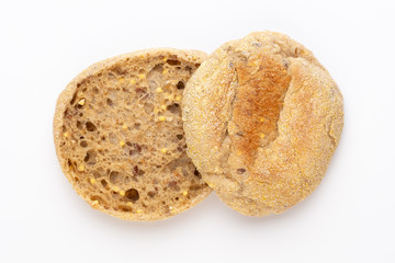 Rye bread slice on a white background.