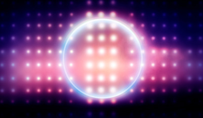 Neon circle, neon lights. Neon circle with the center of a dark empty scene with spotlights. Abstract light. Night view.