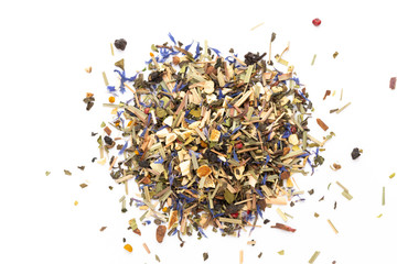 Herbal tea on a white background. Top view.