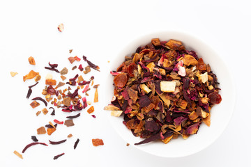 Herbal tea on a white background. Top view.
