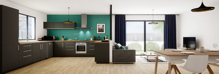 vue panoramique 3d cuisine et salon plus verrière
