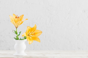 lily in vase on background white wall