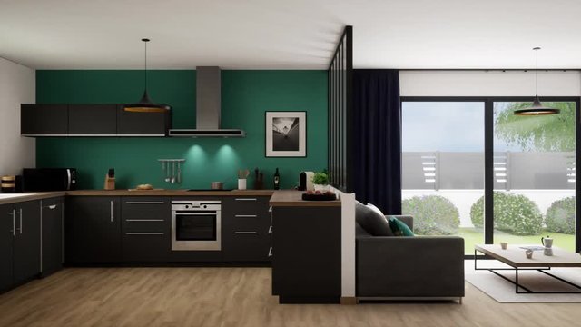 Vue travelling cuisine noire et salon plus verri&egrave;re