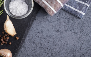 Rosemary, garlic and pepper. Top view. Copy space