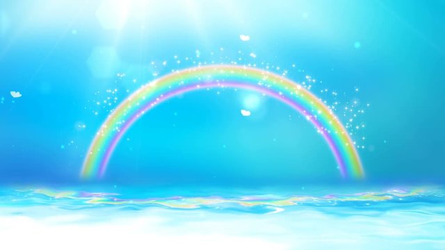 Bright background with sunshine, blue sky, butterfly, rainbow and sea. Looped 4K motion graphic.