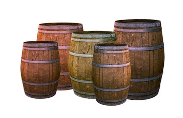 Obraz premium oak barrel dark brown with metal rings set winery design base on white background set drink whiskey