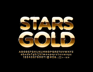 Obraz premium Vector Golden Alphabet Letters, Numbers and Symbols with Sparkling Stars. Elite glossy Font 