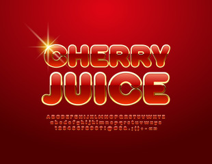 Vector elegant emblem Cherry Juice. Stylish Red and Golden Alphabet Letters. Glossy chic Font