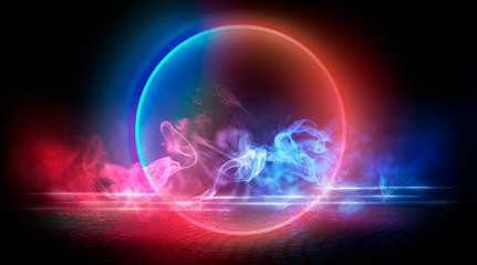 Neon circle, wet asphalt, reflection. Neon circle with the center of a dark empty scene with spotlights. Abstract light. Lights of the night city, abstract light bokeh, smog, smoke.