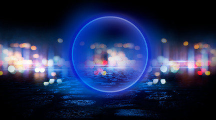 Neon circle, wet asphalt, reflection. Neon circle with the center of a dark empty scene with spotlights. Abstract light. Lights of the night city, abstract light bokeh, smog, smoke.