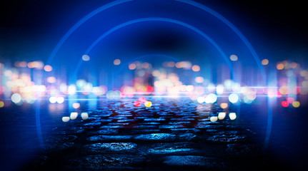 Obraz premium Neon circle, wet asphalt, reflection. Neon circle with the center of a dark empty scene with spotlights. Abstract light. Lights of the night city, abstract light bokeh, smog, smoke.