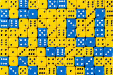 Background of 140 random ordered blue and yellow dices
