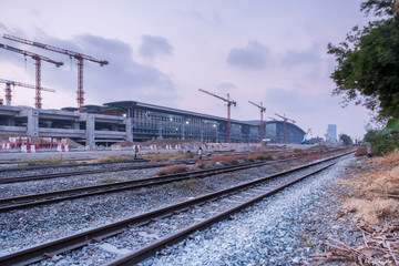 Fototapeta premium Construction site of Bangsue grand station Bangkok metropolitan ,largest railway station in Southeast Asia and 600 metre long platforms, Thailand