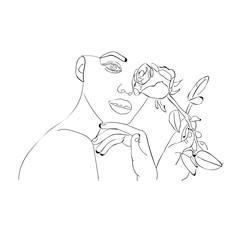 woman face with rose flower. Continuous line drawing. Vector illustration.