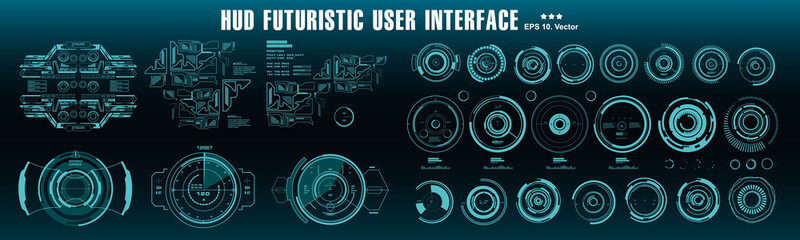 HUD futuristic blue user interface, target. Dashboard display virtual reality technology screen
