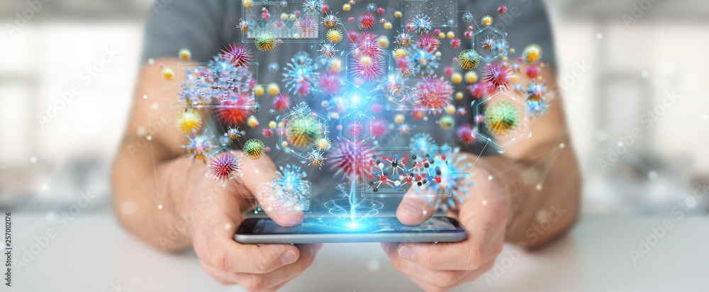 Poster businessman analyzing bacteria microscopic close-up 3d rendering