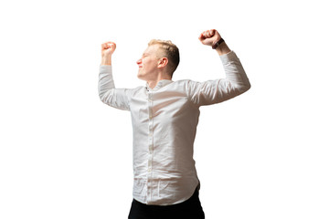 Fototapeta na wymiar young ambitious happy businessman in white shirt isolated