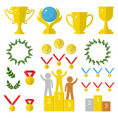 Vector Collection of Sport Awards.Flat Icons of Trophies, Medals, Pedestal, Laure Frames, Coins. First, Second, Third Places. Humans on Podium. Vector illustration for Your Design, Web.